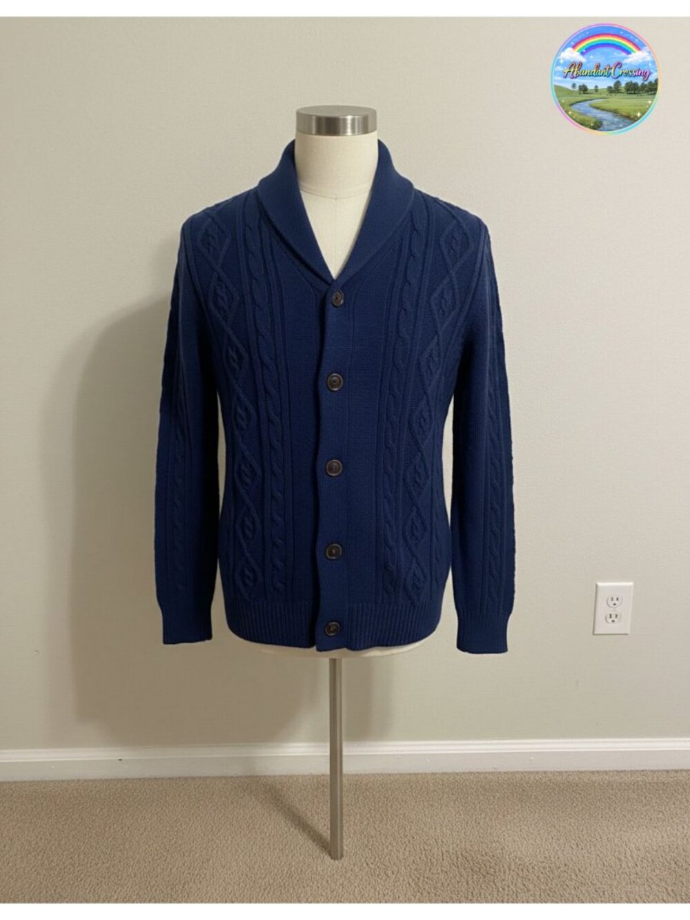 Wool Blend Cardigan Cable Knit Shawl Collar Button Up Classic Sweater